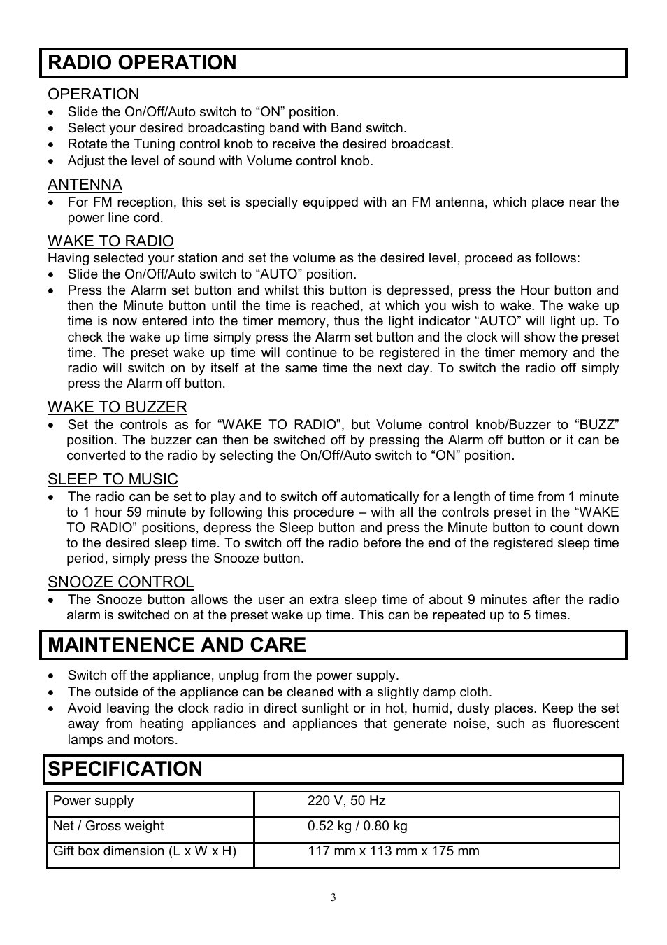 Radio operation, Maintenence and care, Specification | Scarlett SC-4005 User Manual | Page 3 / 6