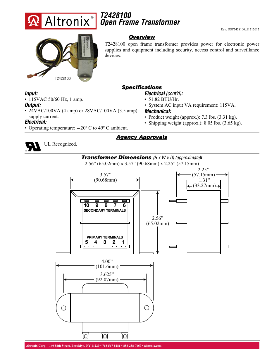 Altronix T2428100 Data Sheet User Manual | 1 page