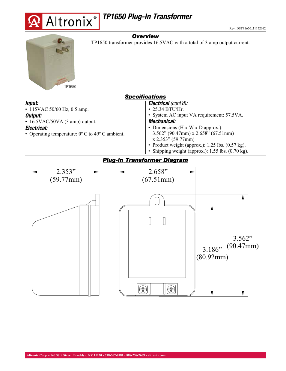 Altronix TP1650 Data Sheet User Manual | 1 page