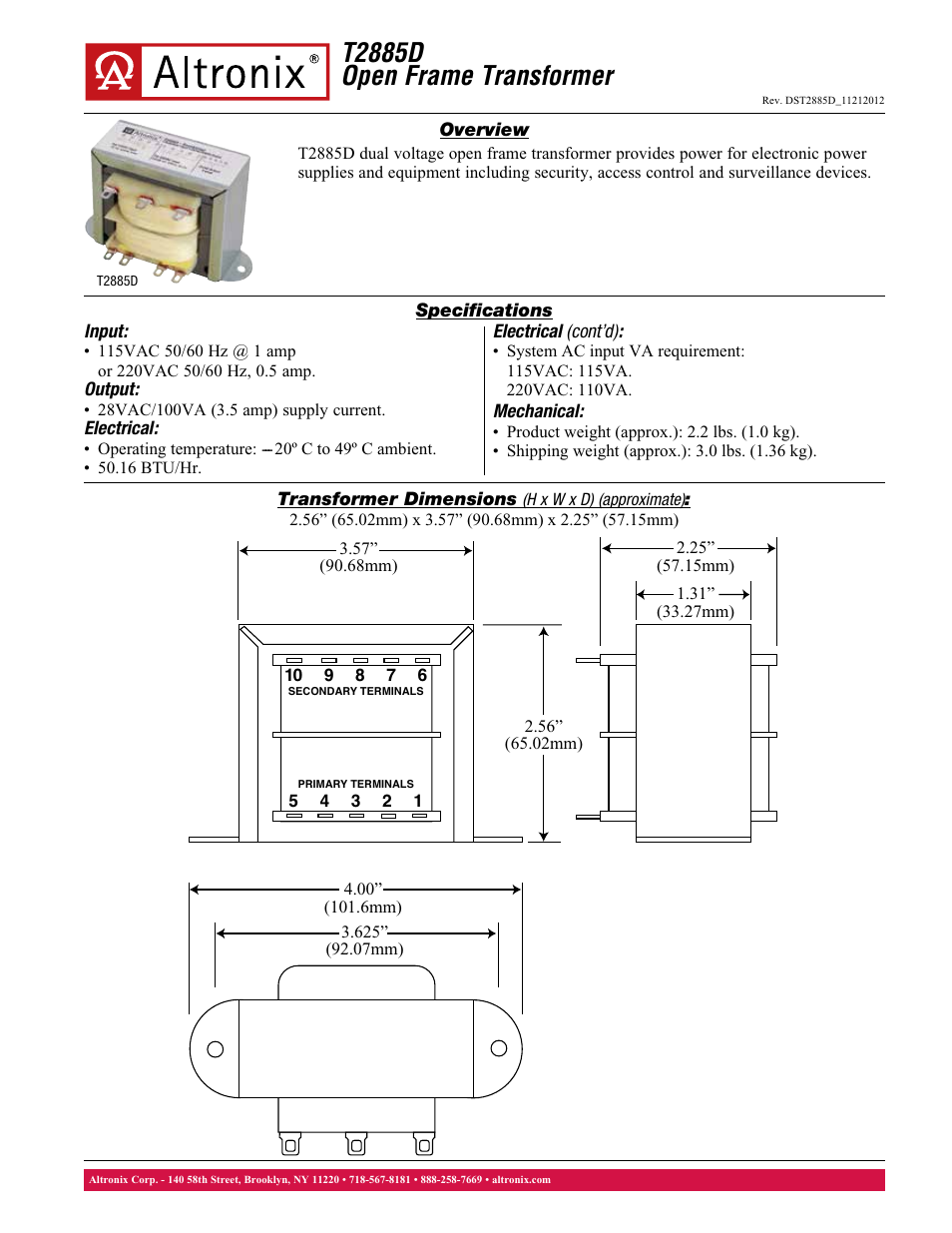 Altronix T2885D Data Sheet User Manual | 1 page