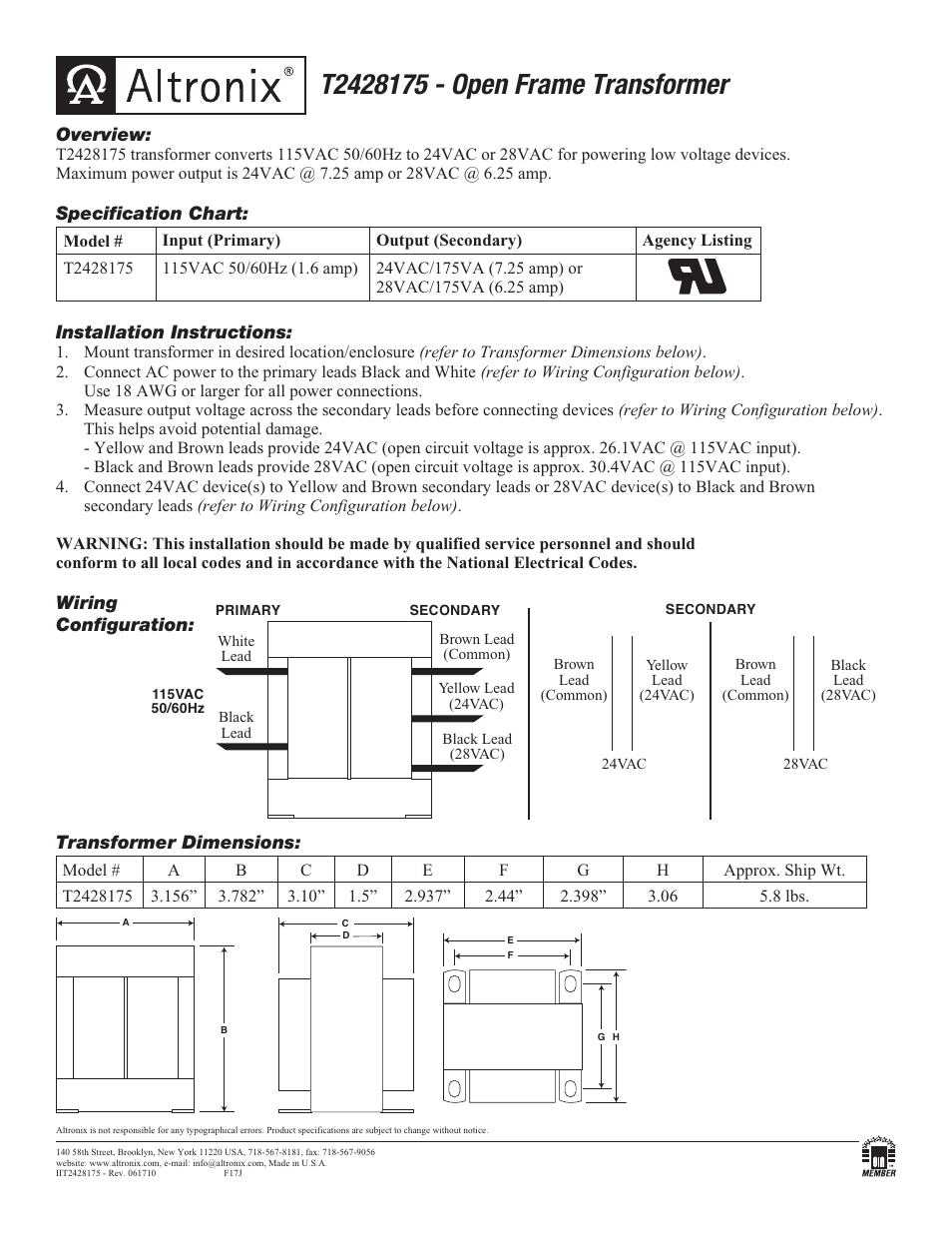 Altronix T2428175 Installation Instructions User Manual | 1 page