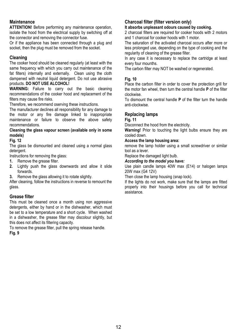 12 maintenance, Cleaning, Grease filter | Charcoal filter (filter version only), Replacing lamps | Gorenje DF 6115 E User Manual | Page 12 / 96