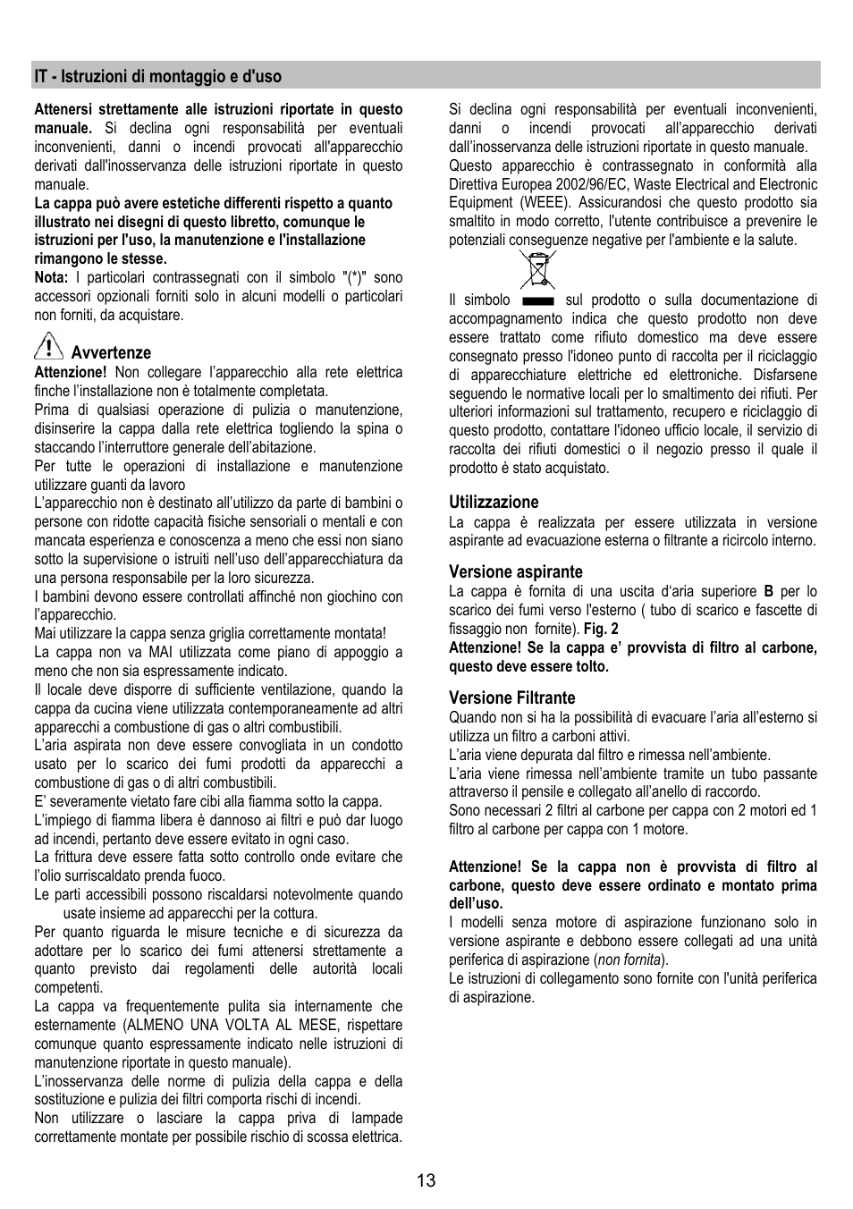 It - istruzioni di montaggio e d'uso, Avvertenze, Utilizzazione | Versione aspirante, Versione filtrante | Gorenje DF 6115 E User Manual | Page 13 / 96