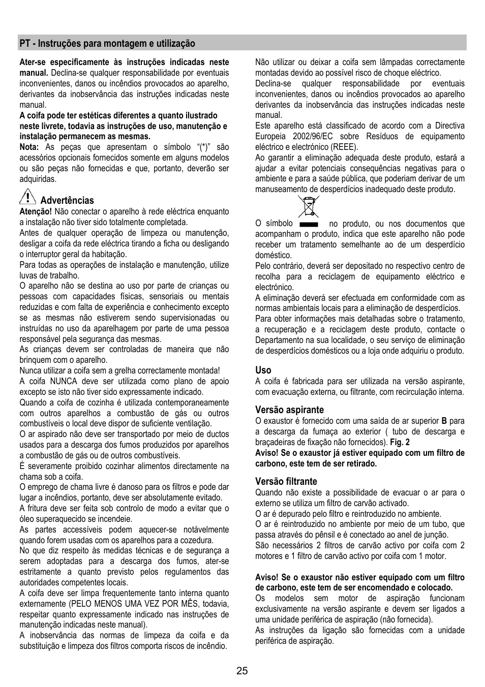 Pt - instruções para montagem e utilização, Advertências, Versão aspirante | Versão filtrante | Gorenje DF 6115 E User Manual | Page 25 / 96