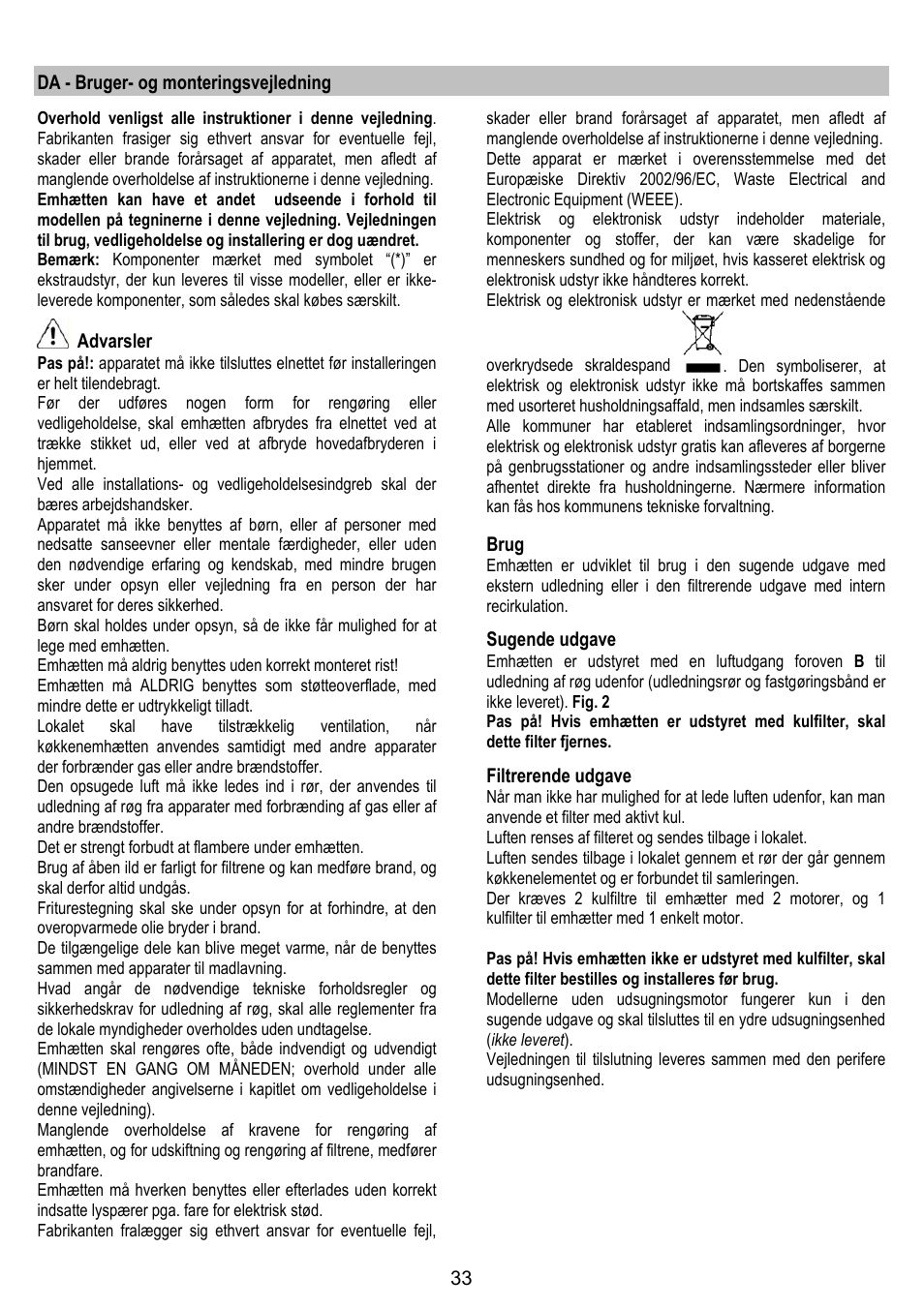 Da - bruger- og monteringsvejledning, Advarsler, Brug | Sugende udgave, Filtrerende udgave | Gorenje DF 6115 E User Manual | Page 33 / 96