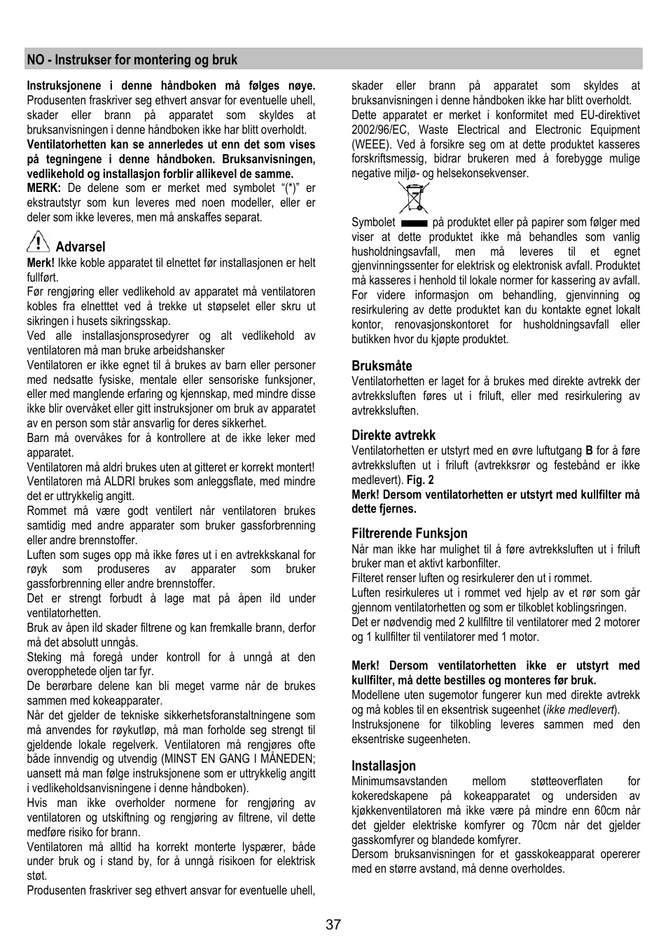 No - instrukser for montering og bruk, Advarsel, Bruksmåte | Direkte avtrekk, Filtrerende funksjon, Installasjon | Gorenje DF 6115 E User Manual | Page 37 / 96