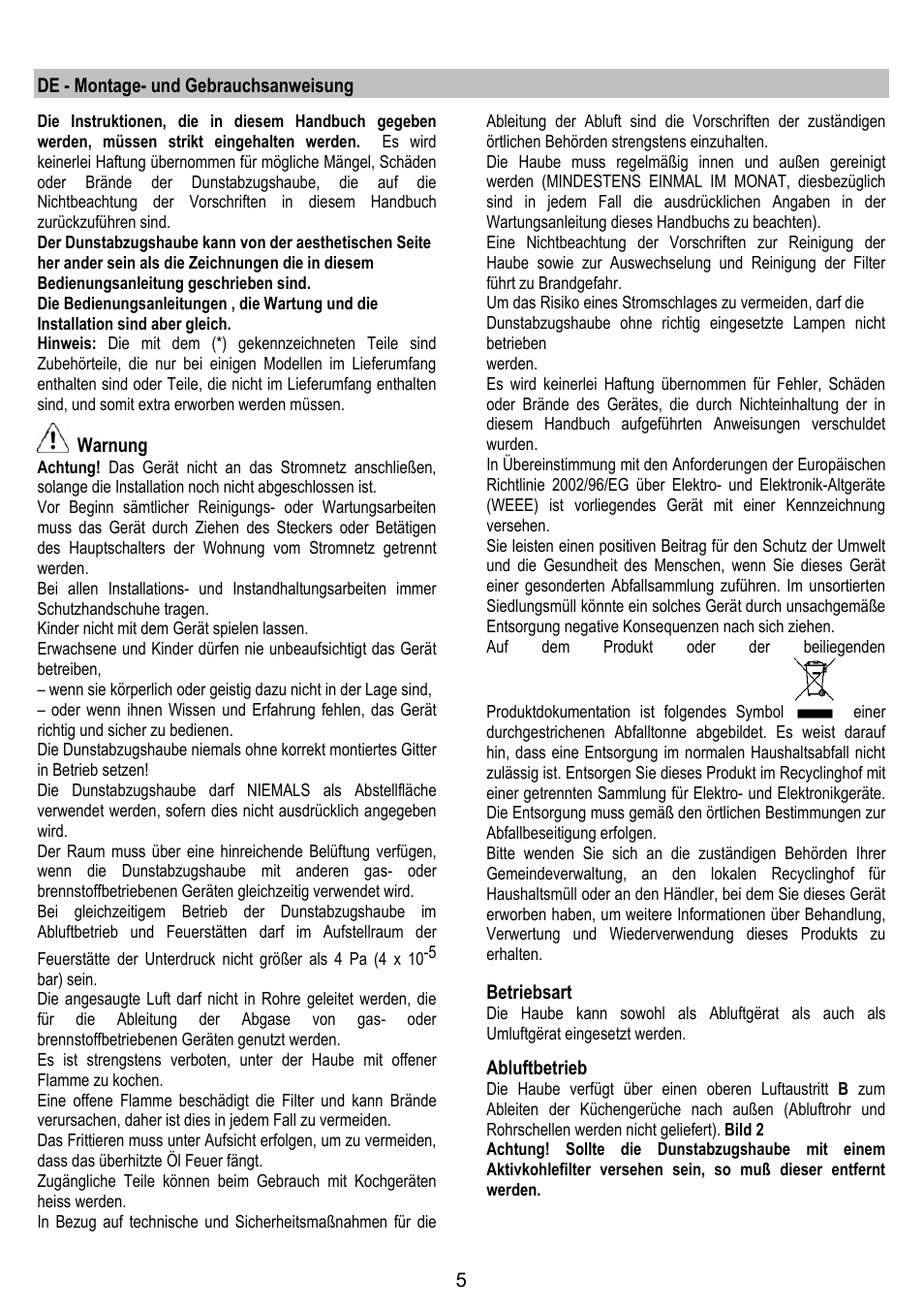 De - montage- und gebrauchsanweisung, Warnung, Betriebsart | Abluftbetrieb | Gorenje DF 6115 E User Manual | Page 5 / 96