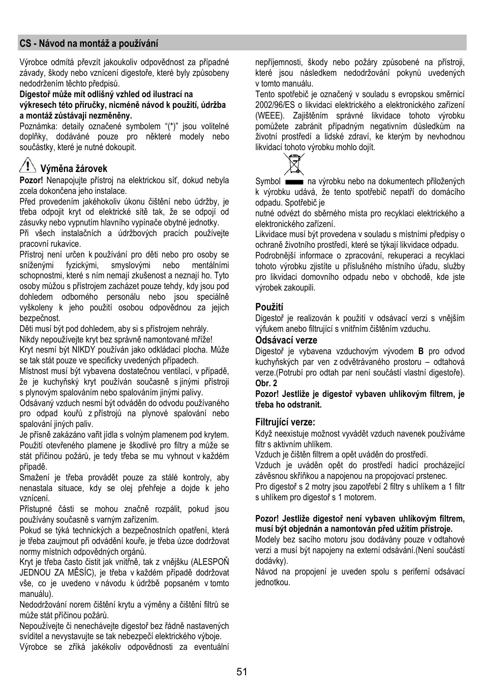 Cs - návod na montáž a používání, Výměna žárovek, Použití | Odsávací verze, Filtrující verze | Gorenje DF 6115 E User Manual | Page 51 / 96