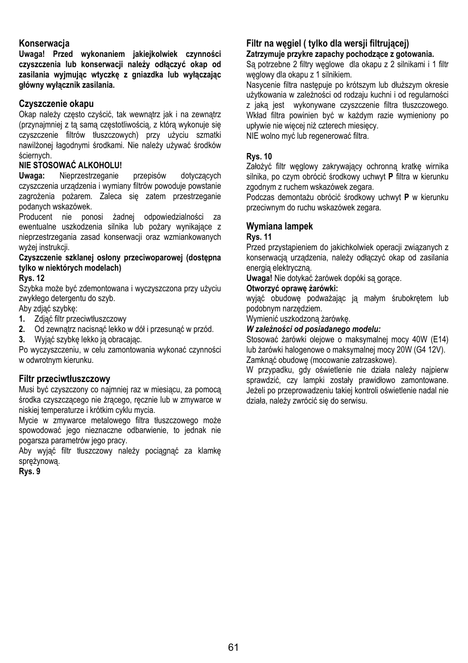 61 konserwacja, Czyszczenie okapu, Filtr przeciwtłuszczowy | Filtr na węgiel ( tylko dla wersji filtrującej), Wymiana lampek | Gorenje DF 6115 E User Manual | Page 61 / 96