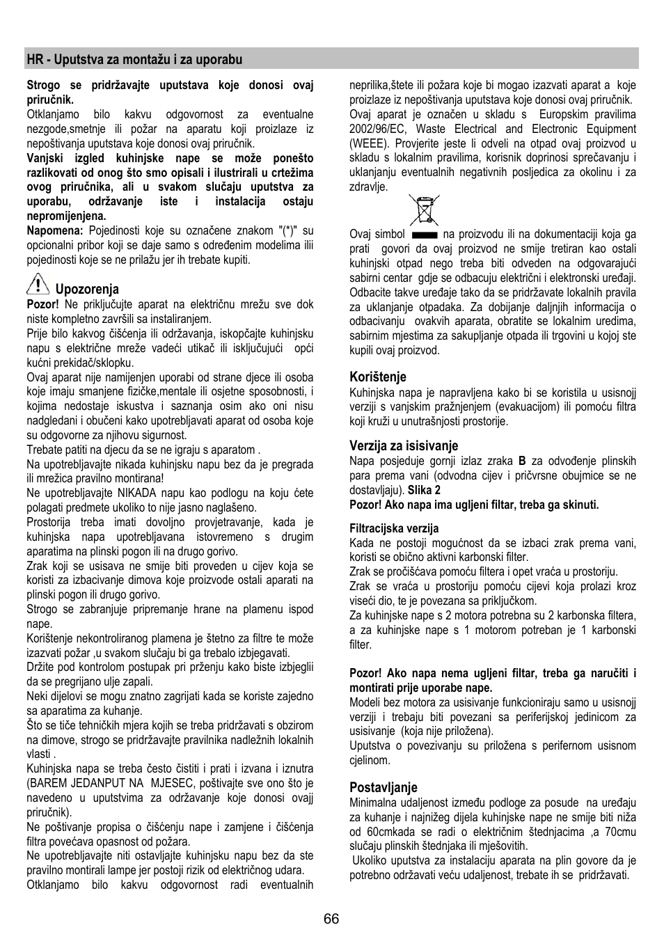 Hr - uputstva za montažu i za uporabu, Upozorenja, Korištenje | Verzija za isisivanje, Postavljanje | Gorenje DF 6115 E User Manual | Page 66 / 96