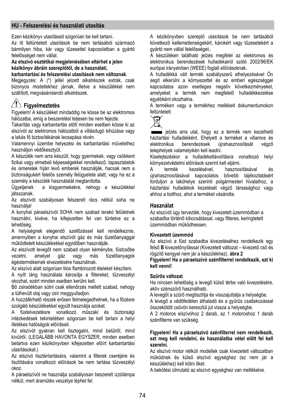 Hu - felszerelési és használati utasítás, Figyelmeztetés, Használat | Gorenje DF 6115 E User Manual | Page 74 / 96