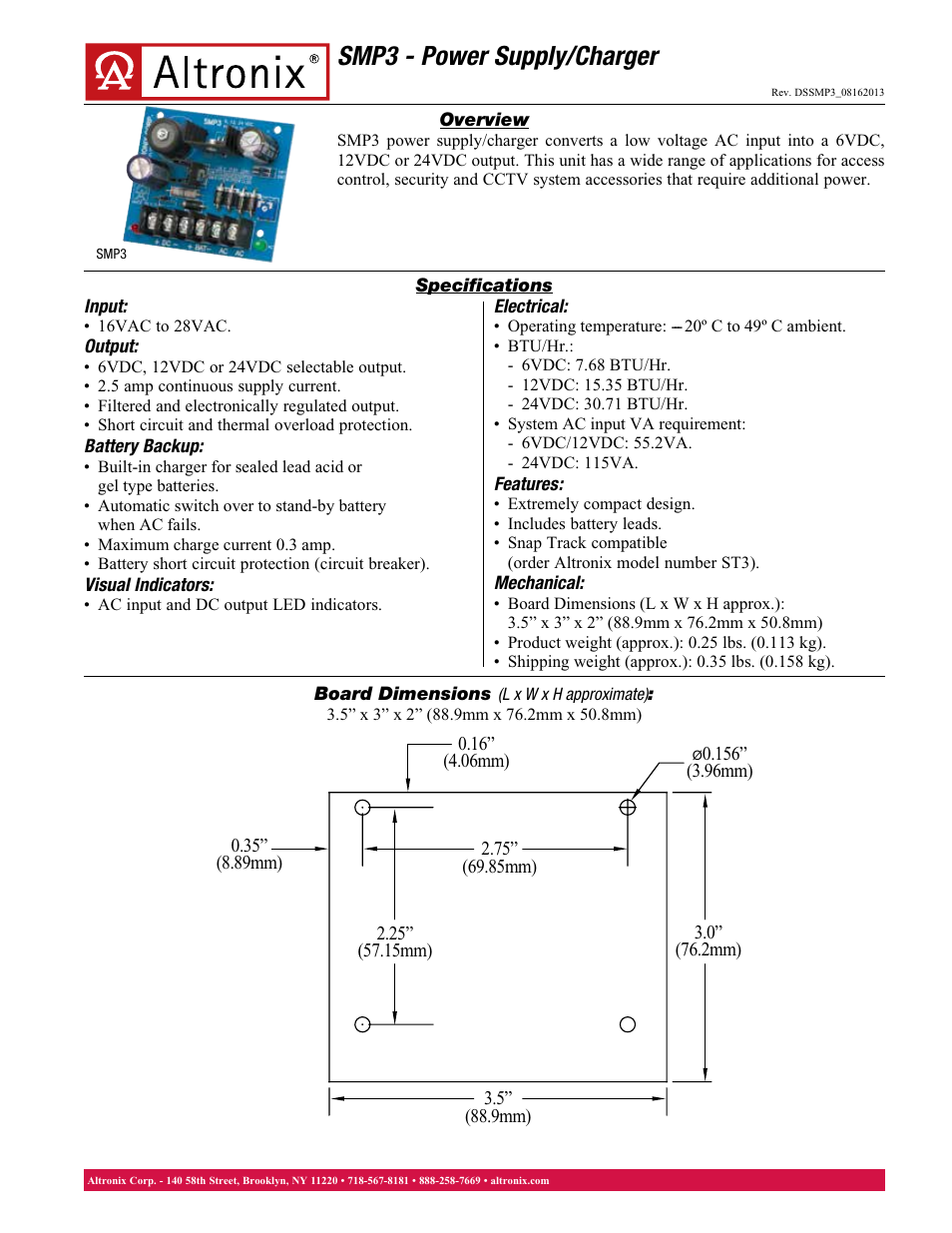 Altronix SMP3 Data Sheet User Manual | 1 page