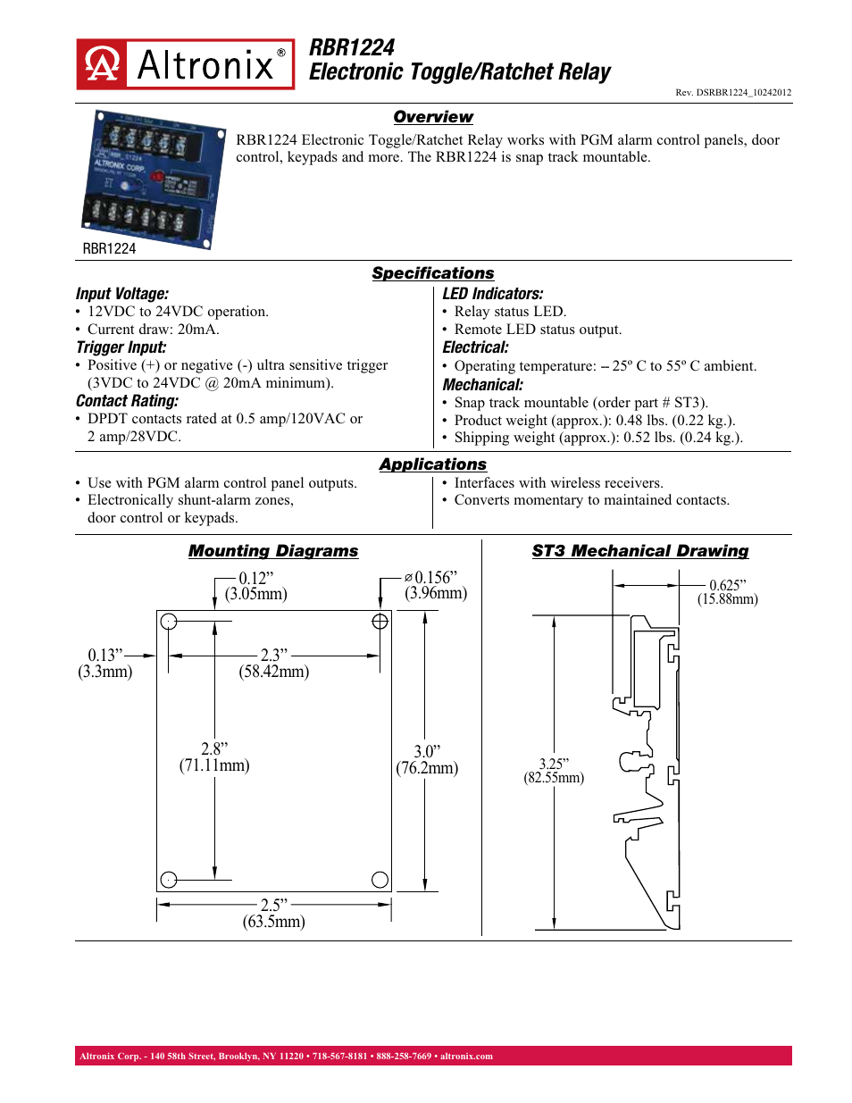 Altronix RBR1224 Data Sheet User Manual | 1 page