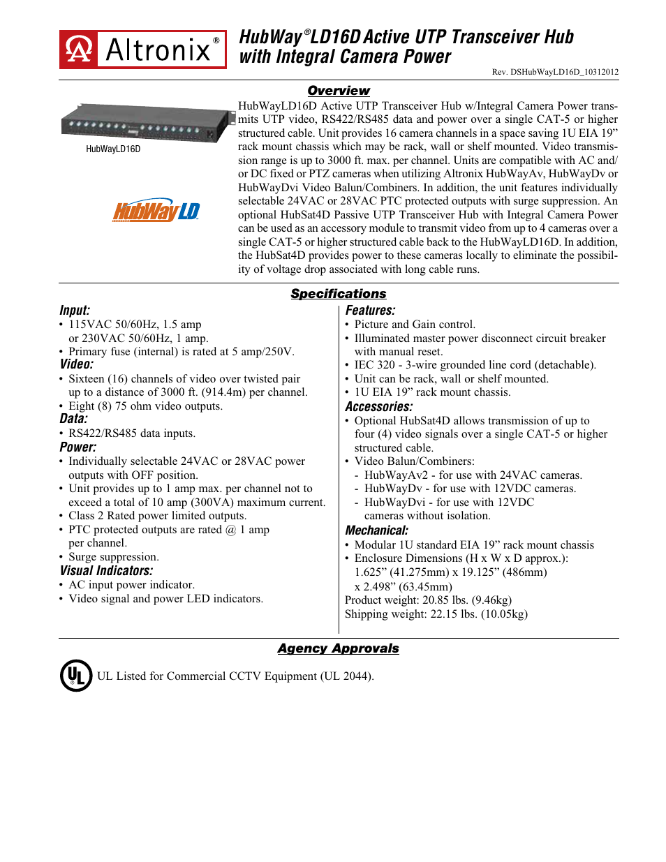 Altronix HubWay LD16D Data Sheet User Manual | 2 pages