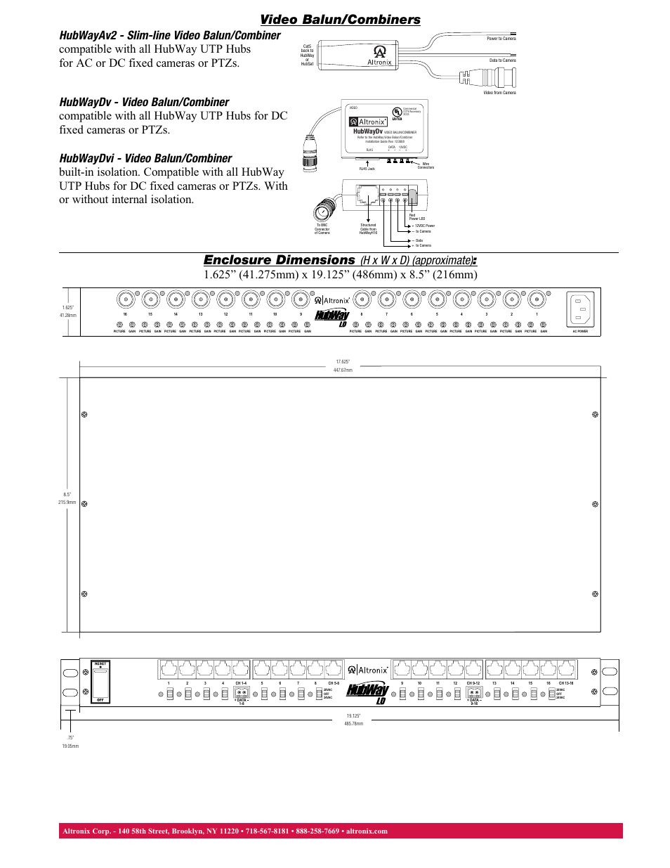 Video balun/combiners, Enclosure dimensions | Altronix HubWay LD16D Data Sheet User Manual | Page 2 / 2