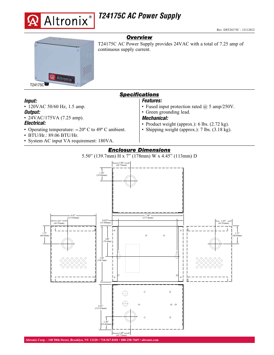 Altronix T24175C Data Sheet User Manual | 1 page