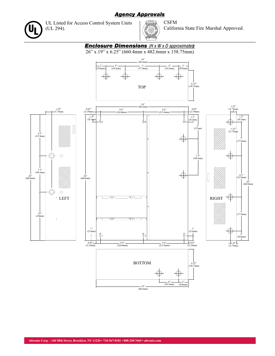 Enclosure dimensions, Agency approvals, Top left right bottom | Altronix Maximal5D Data Sheet User Manual | Page 2 / 2