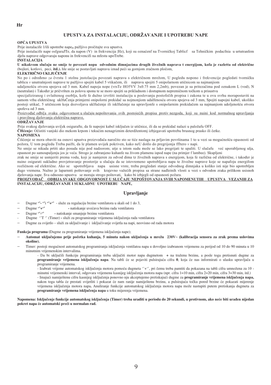 Uplstva za instalaciju, odr¿avanje i upotrebu nape, Upravljanje | Gorenje DVG 8545 AX User Manual | Page 9 / 32