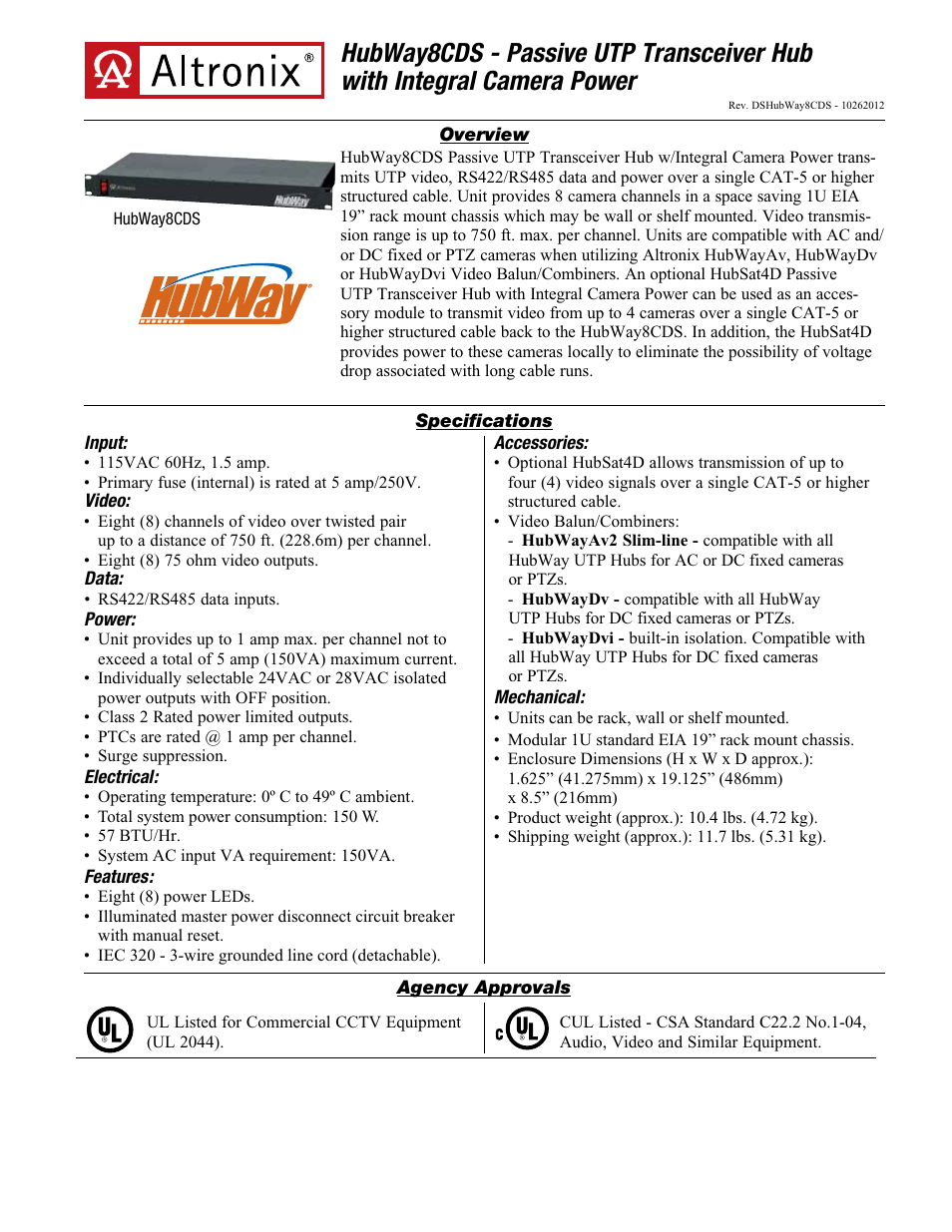 Altronix HubWay 8CDS Data Sheet User Manual | 2 pages
