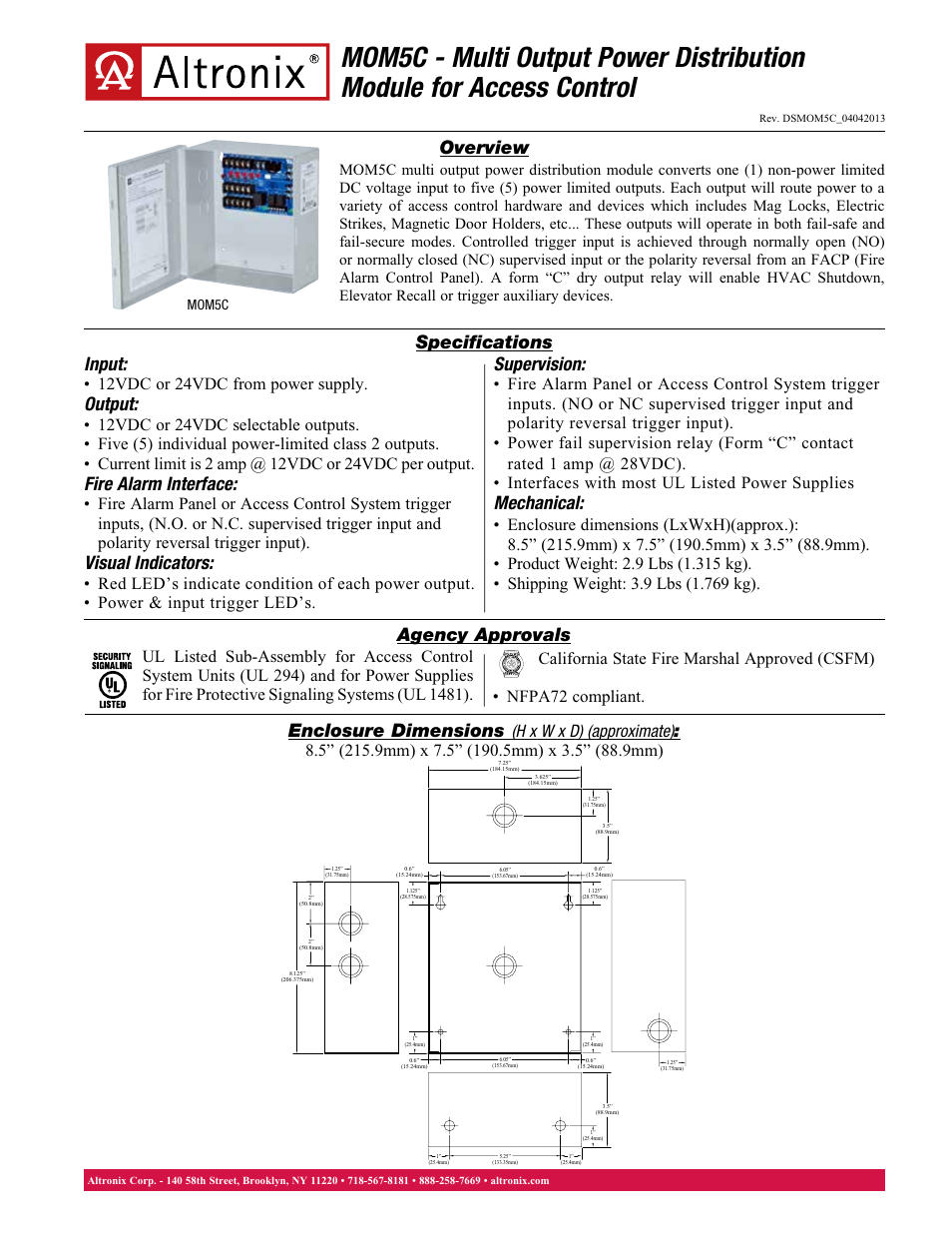 Altronix MOM5C Data Sheet User Manual | 1 page
