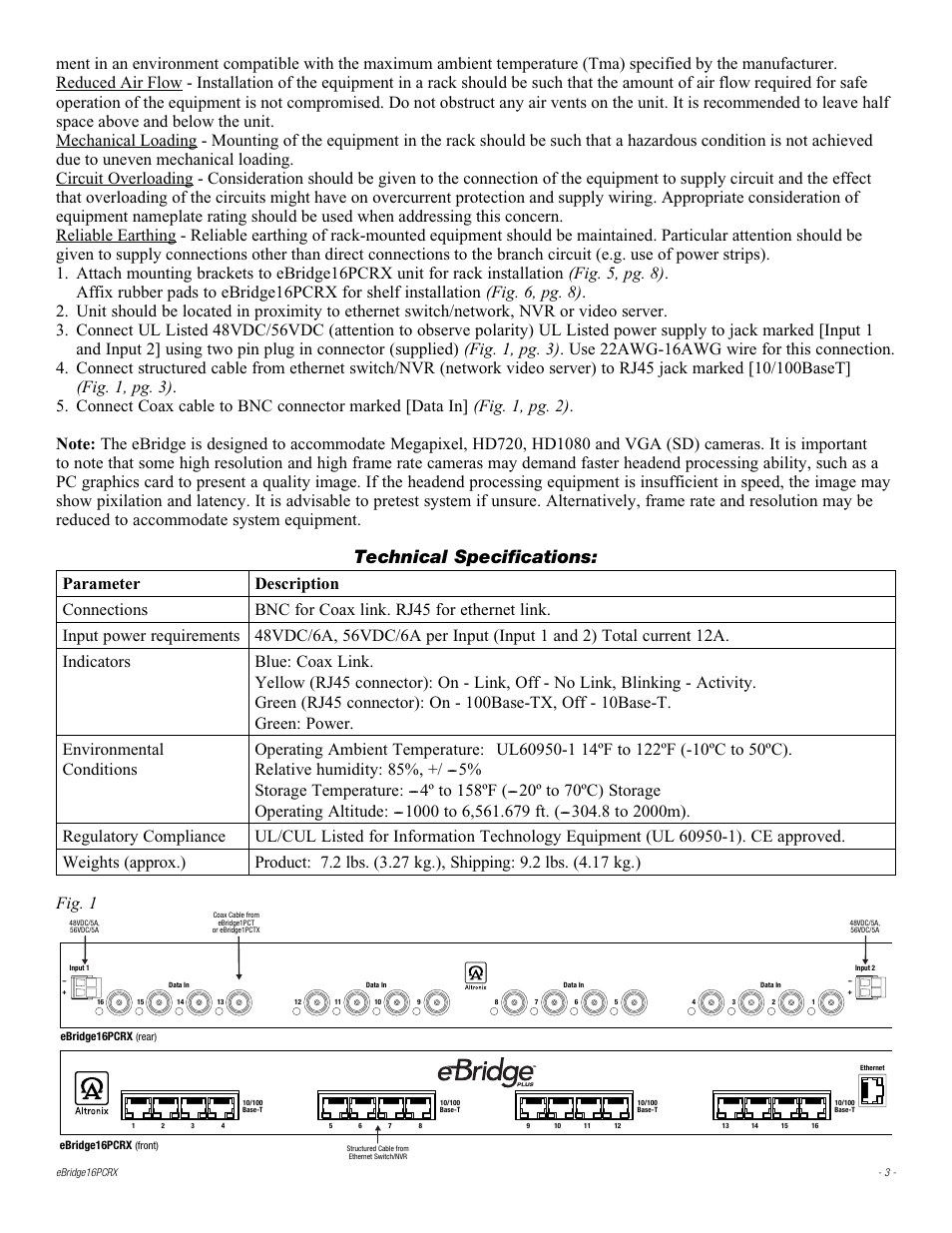 Technical specifications | Altronix eBridge16PCRX Installation Instructions User Manual | Page 3 / 8