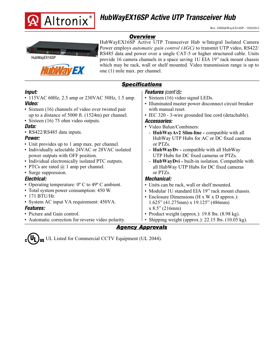 Altronix HubWay EX16SP Data Sheet User Manual | 2 pages