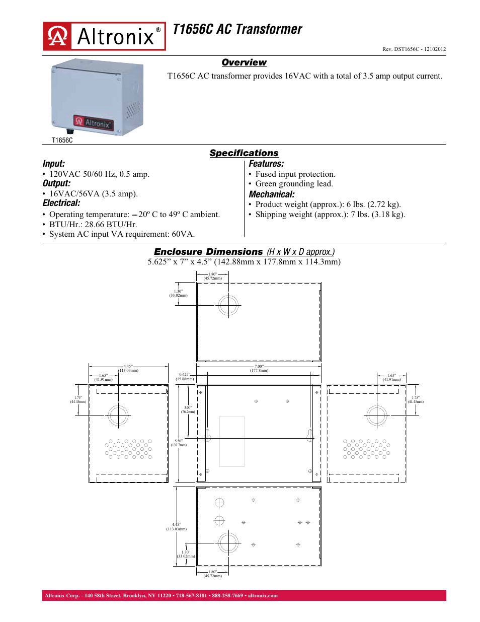 Altronix T1656C Data Sheet User Manual | 1 page