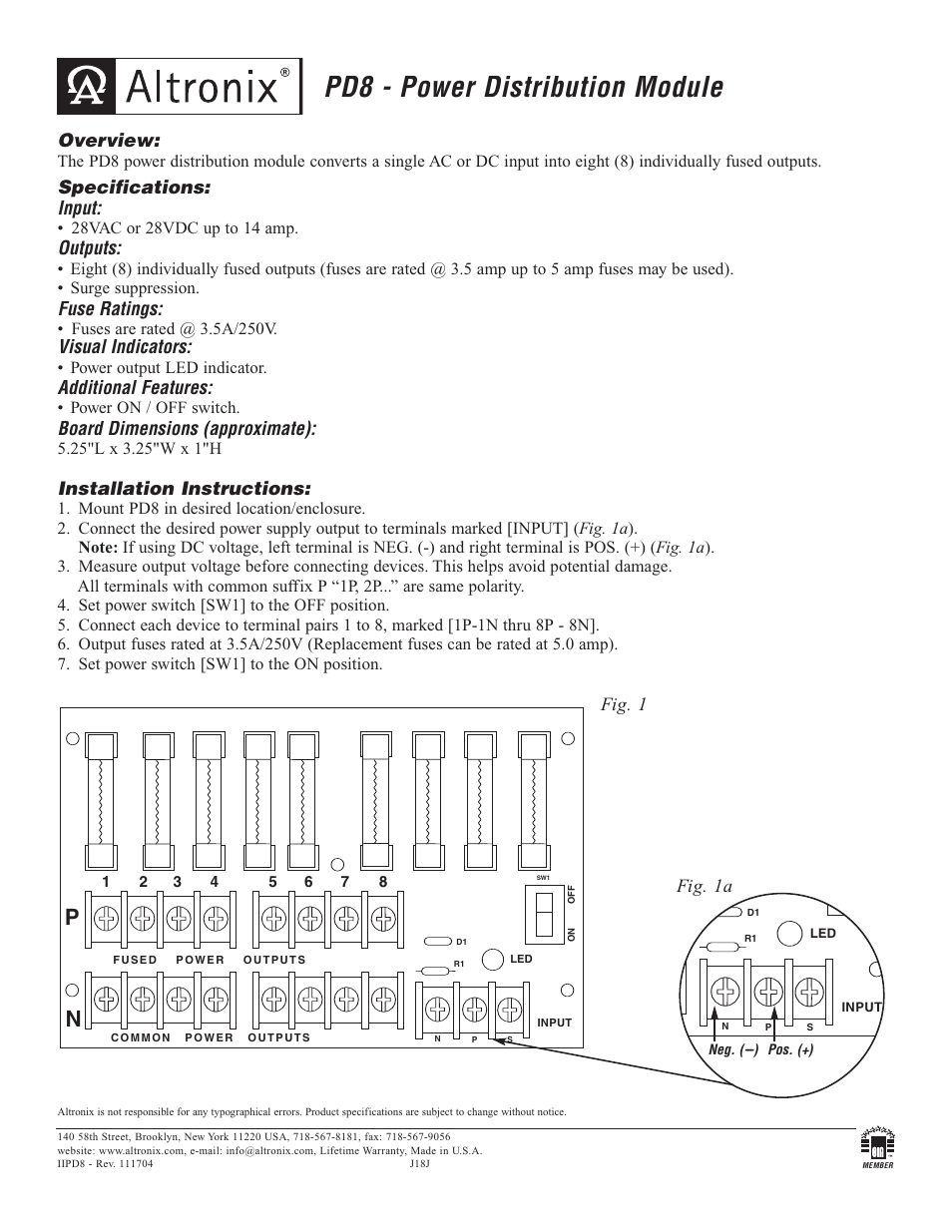 Altronix PD8 Installation Instructions User Manual | 1 page