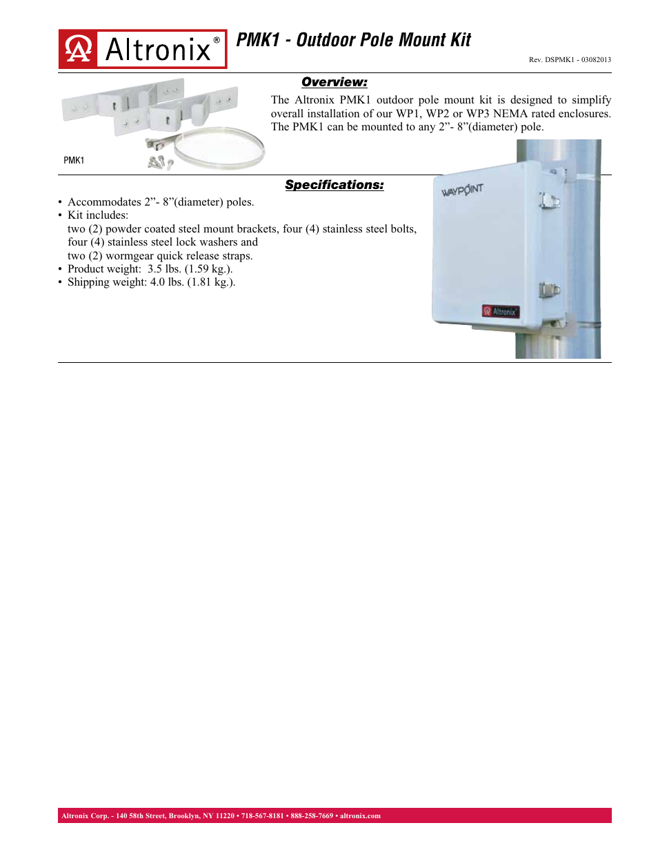 Altronix PMK1 Data Sheet User Manual | 1 page