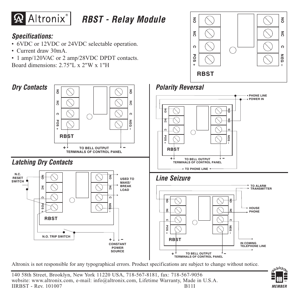 Altronix RBST Installation Instructions User Manual | 1 page