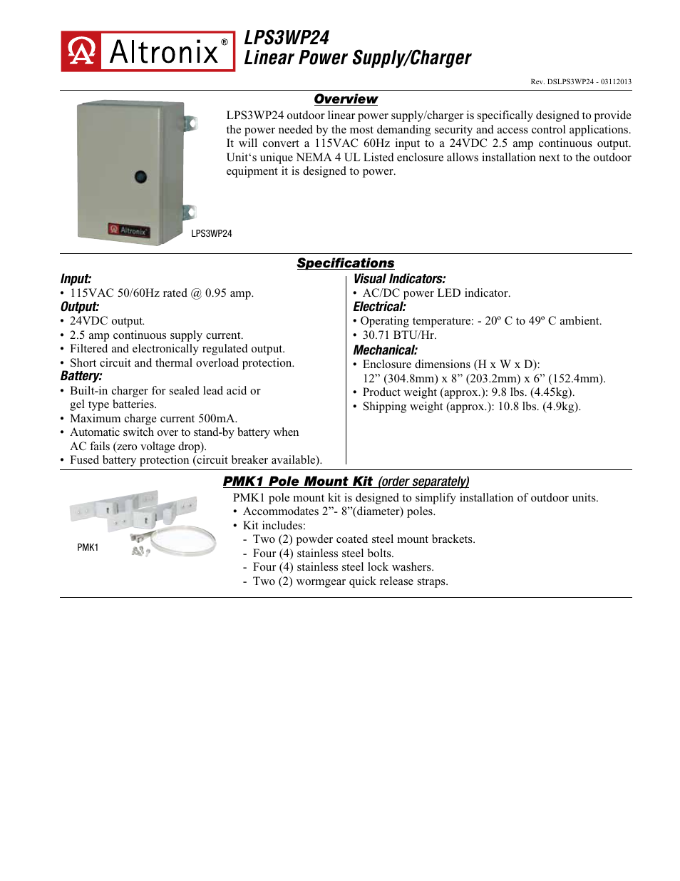 Altronix LPS3WP24 Data Sheet User Manual | 2 pages
