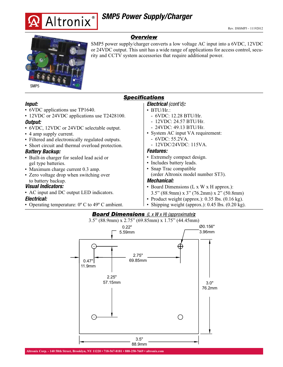 Altronix SMP5 Data Sheet User Manual | 1 page