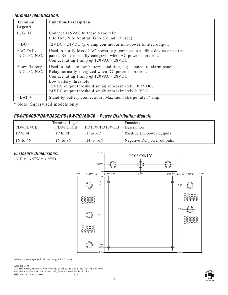 Top only, Enclosure dimensions, Terminal identification | Altronix SMP7PMP8CB Installation Instructions User Manual | Page 4 / 4