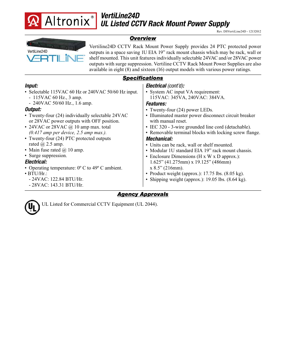 Altronix VertiLine24D Data Sheet User Manual | 2 pages