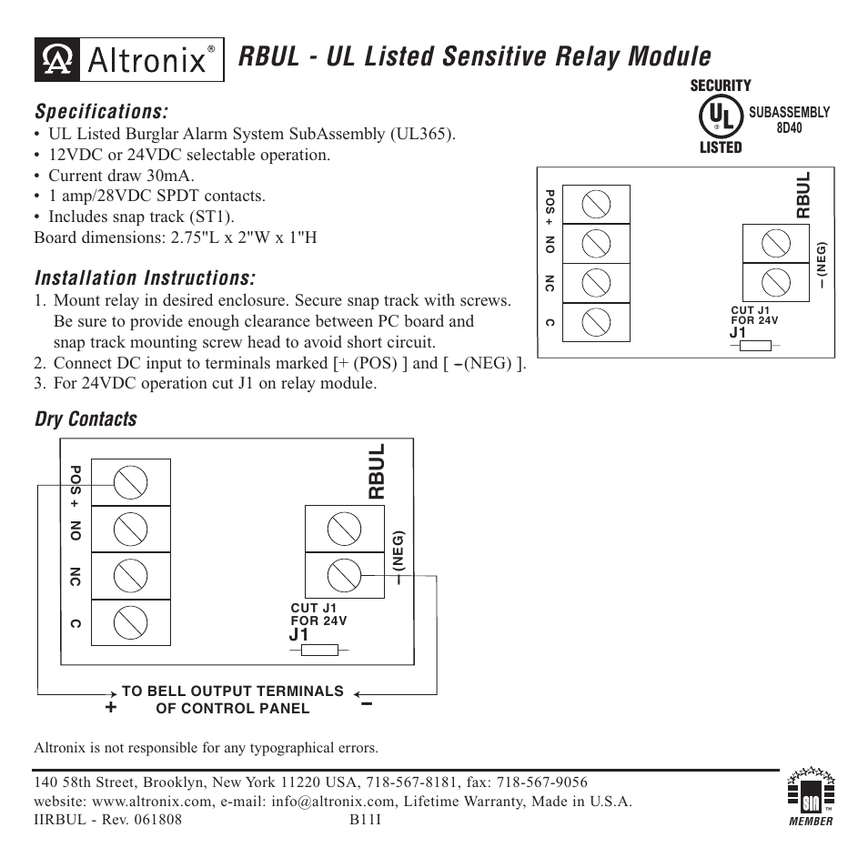 Altronix RBUL Installation Instructions User Manual | 1 page