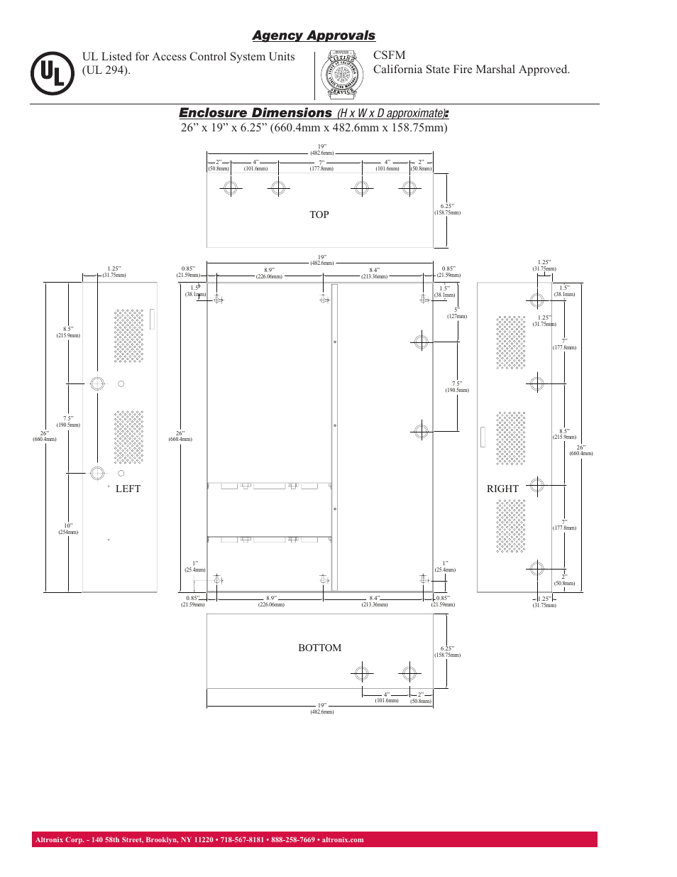 Enclosure dimensions, Agency approvals, Top left right bottom | Altronix Maximal11E Data Sheet User Manual | Page 2 / 2