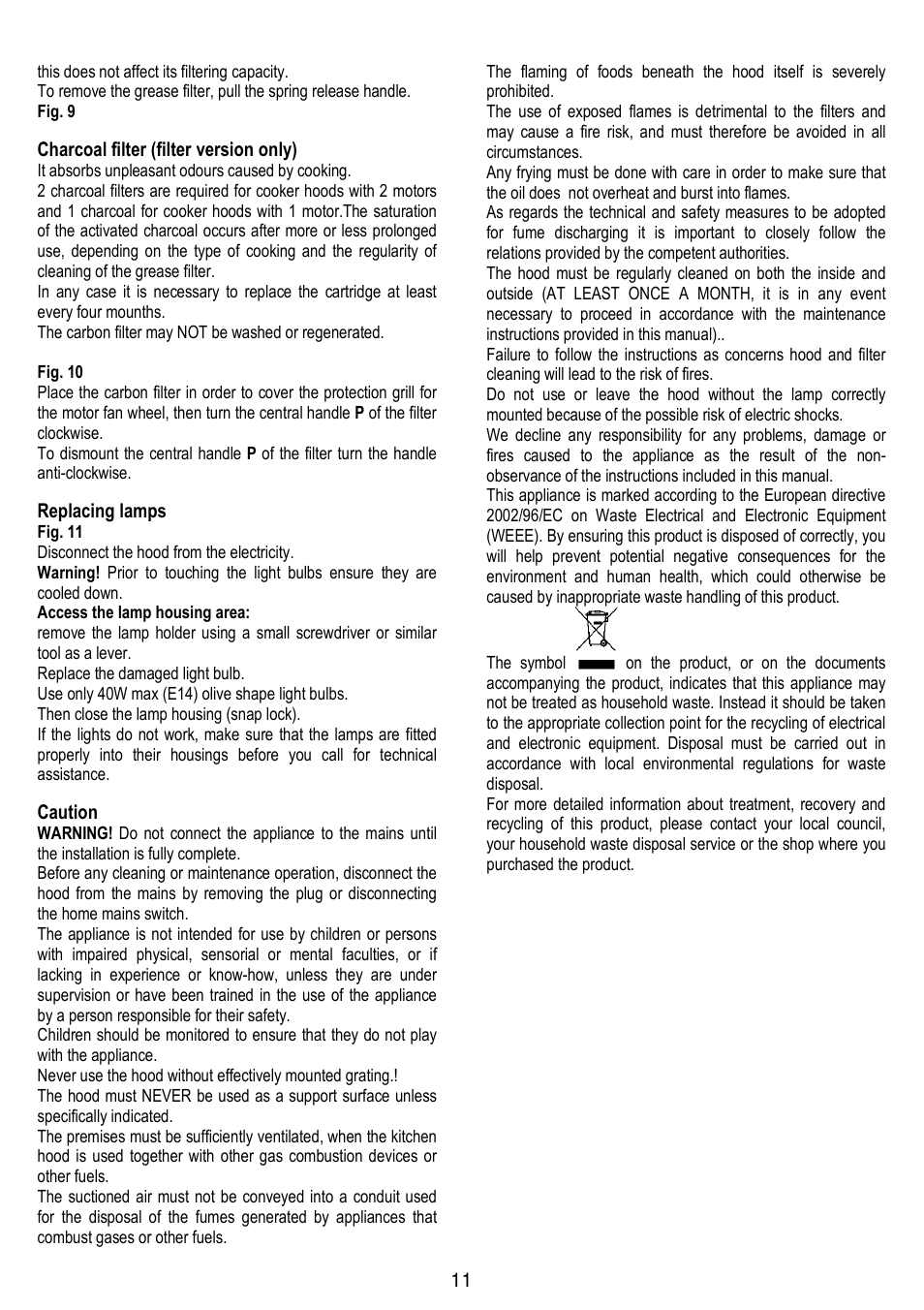 Charcoal filter (filter version only), Replacing lamps, Caution | Gorenje DF 6115 W User Manual | Page 11 / 76