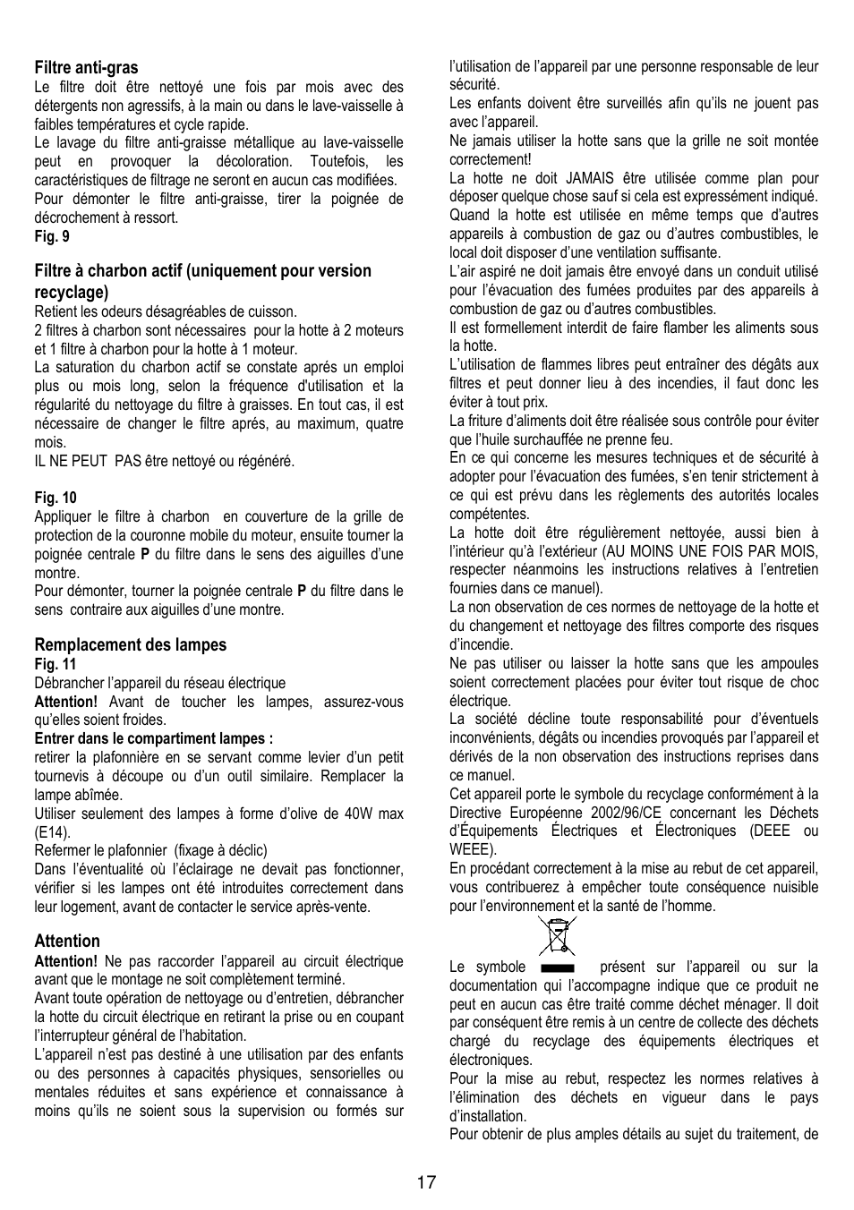 17 filtre anti-gras, Remplacement des lampes, Attention | Gorenje DF 6115 W User Manual | Page 17 / 76