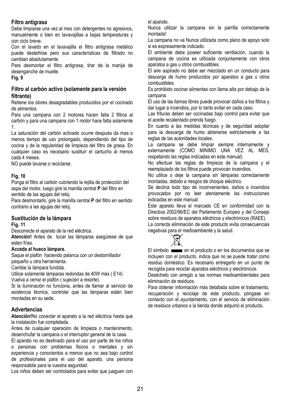 21 filtro antigrasa, Sustitución de la lámpara, Advertencias | Gorenje DF 6115 W User Manual | Page 21 / 76