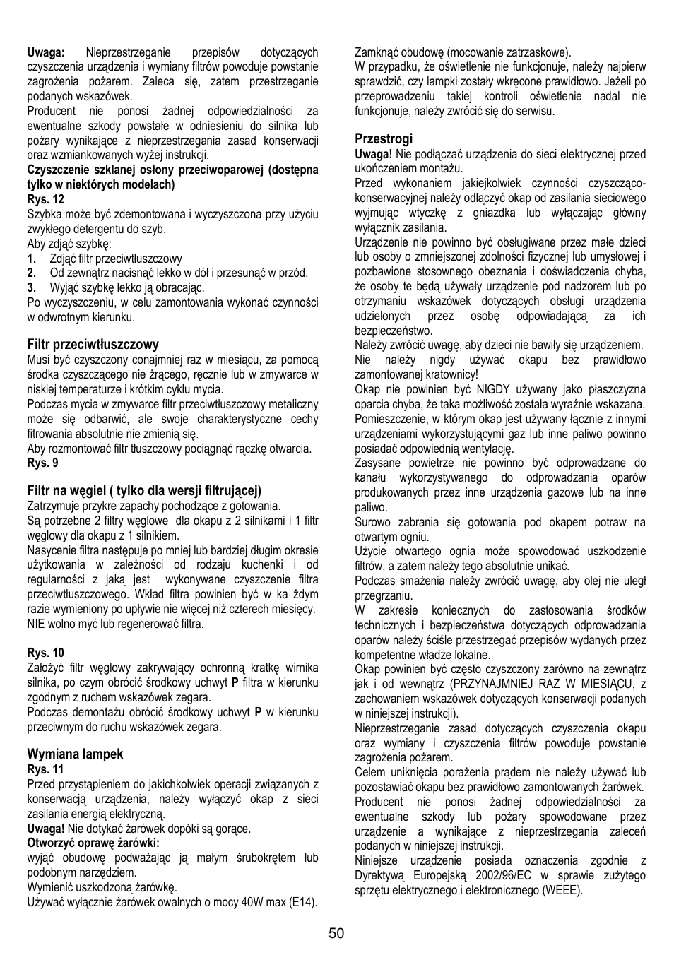 Filtr przeciwtłuszczowy, Filtr na węgiel ( tylko dla wersji filtrującej), Wymiana lampek | Przestrogi | Gorenje DF 6115 W User Manual | Page 50 / 76