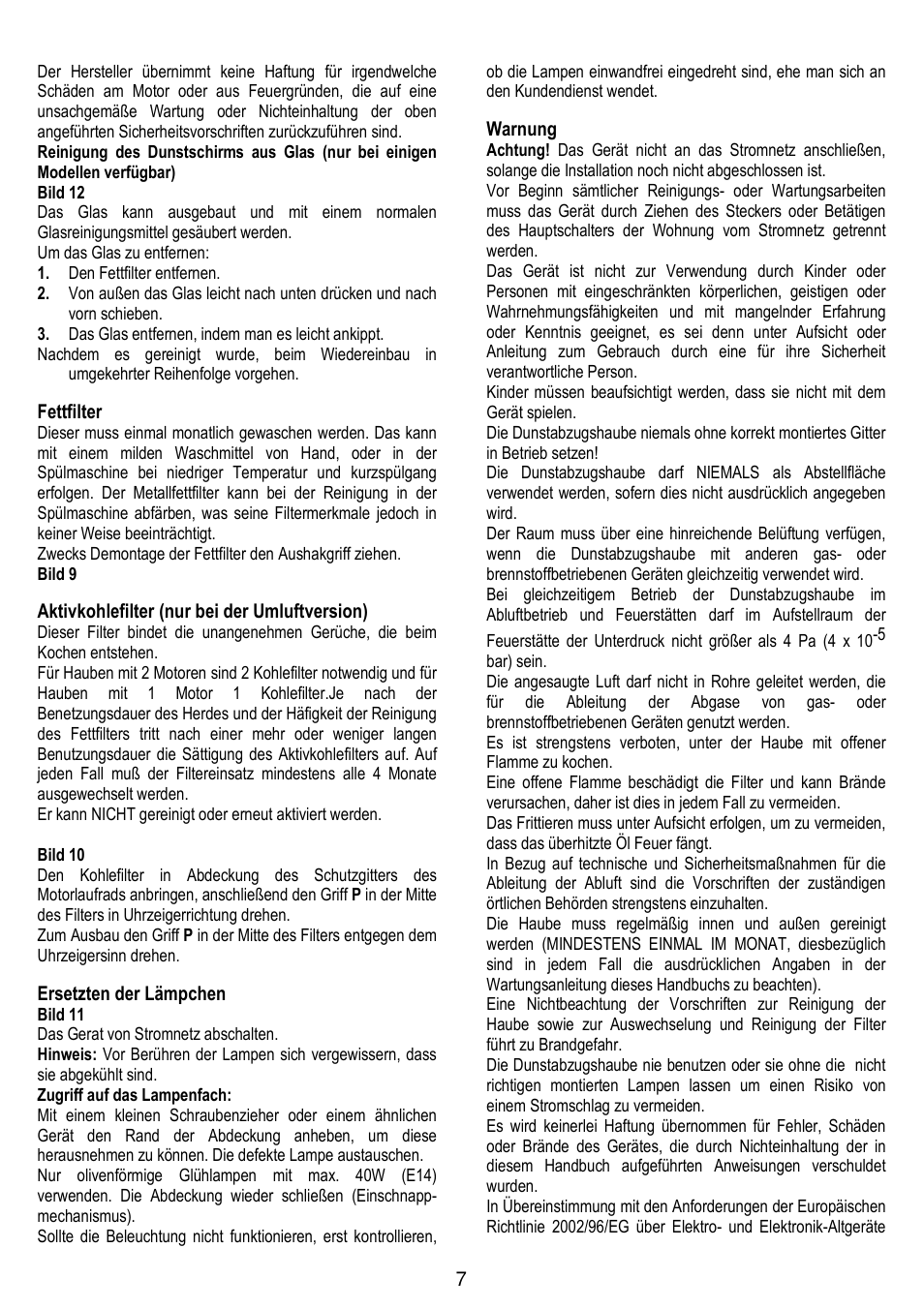 Fettfilter, Aktivkohlefilter (nur bei der umluftversion), Ersetzten der lämpchen | Warnung | Gorenje DF 6115 W User Manual | Page 7 / 76