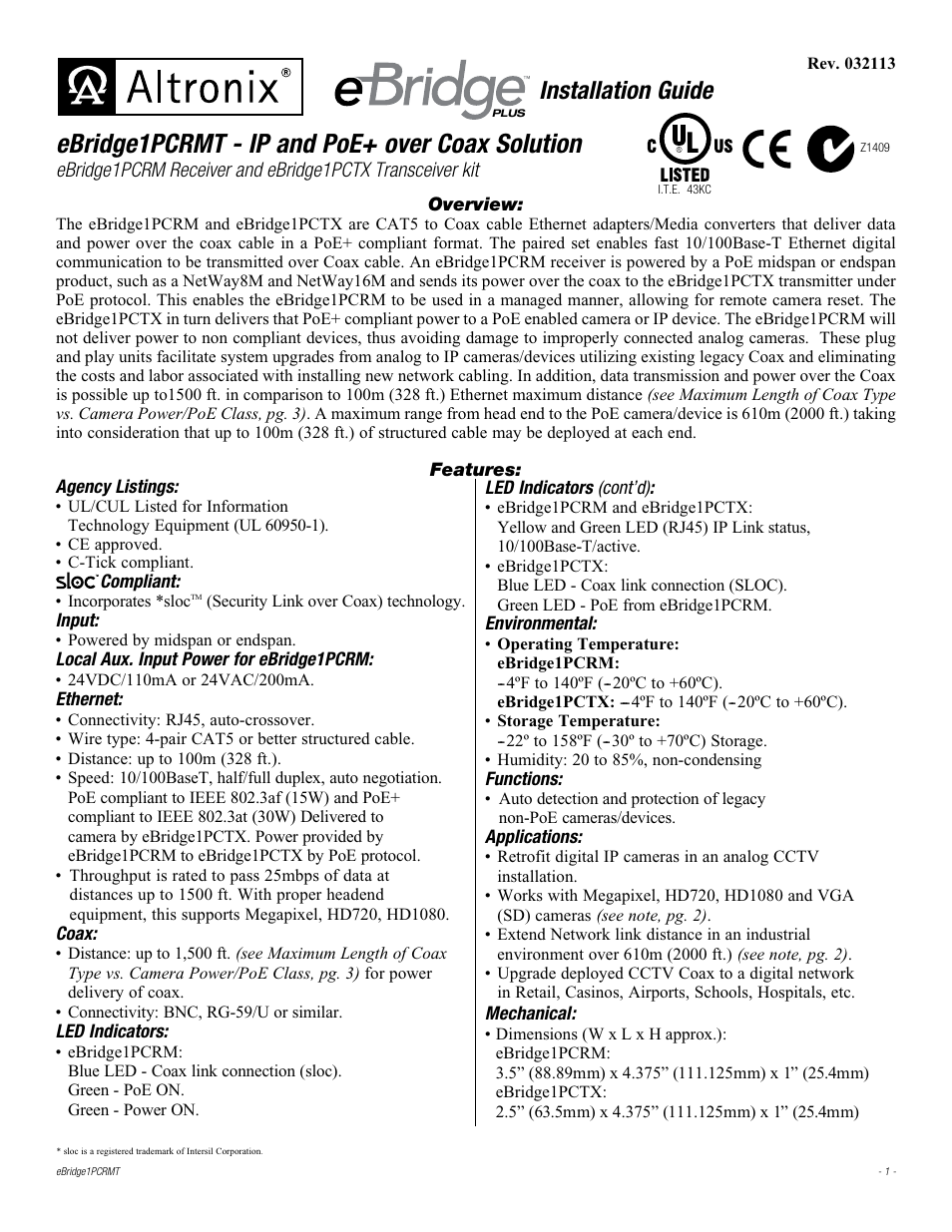 Altronix eBridge1PCRMT Installation Instructions User Manual | 4 pages