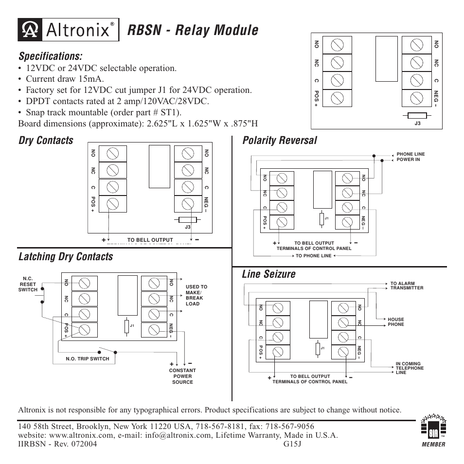 Altronix RBSN Installation Instructions User Manual | 1 page