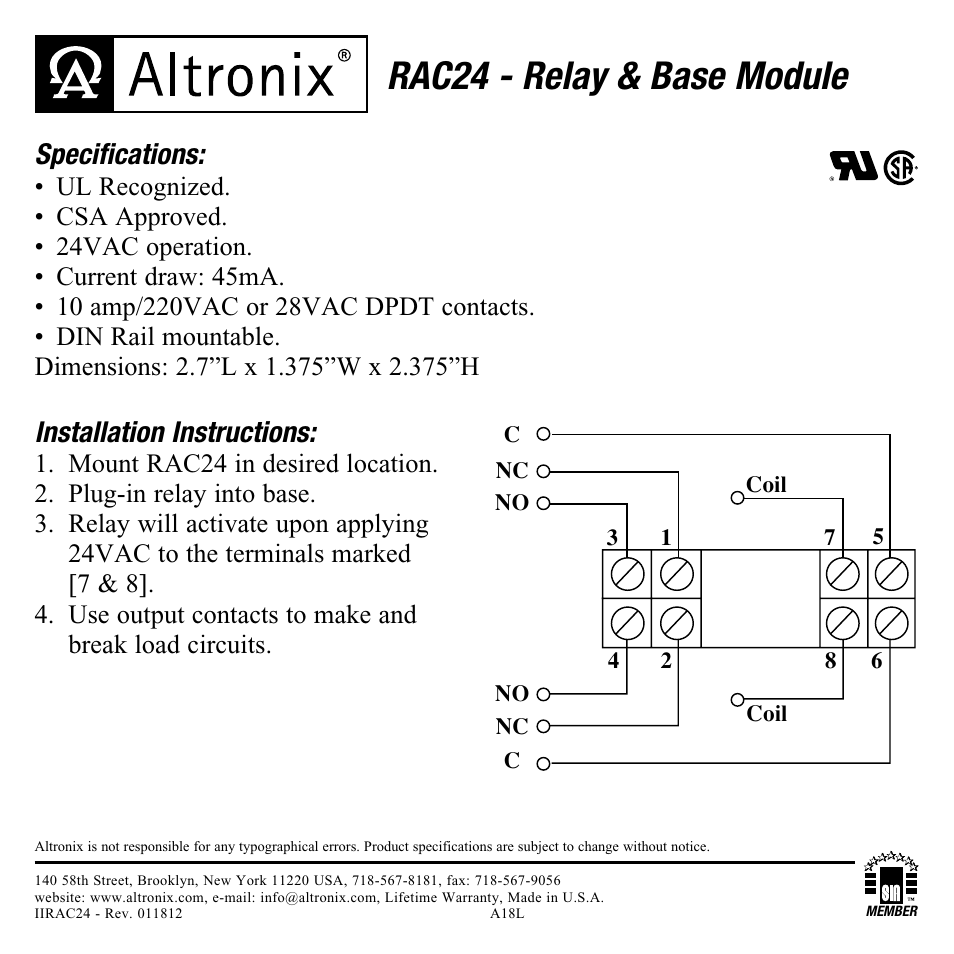 Altronix RAC24 Installation Instructions User Manual | 1 page