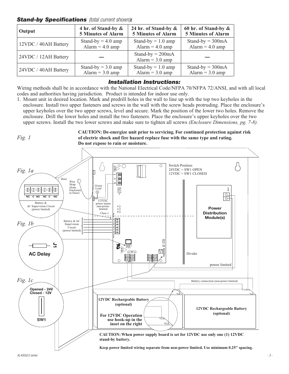 Stand-by specifications (total current shown), Installation instructions, Fig. 1 fig. 1a fig. 1b fig. 1c | J1 ac delay | Altronix AL400ULXR Installation Instructions User Manual | Page 3 / 8