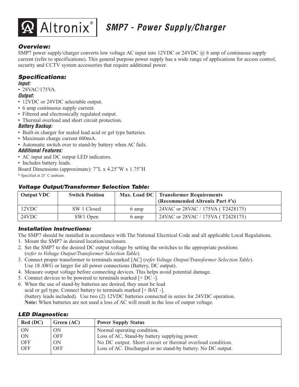 Altronix SMP7 Installation Instructions User Manual | 2 pages