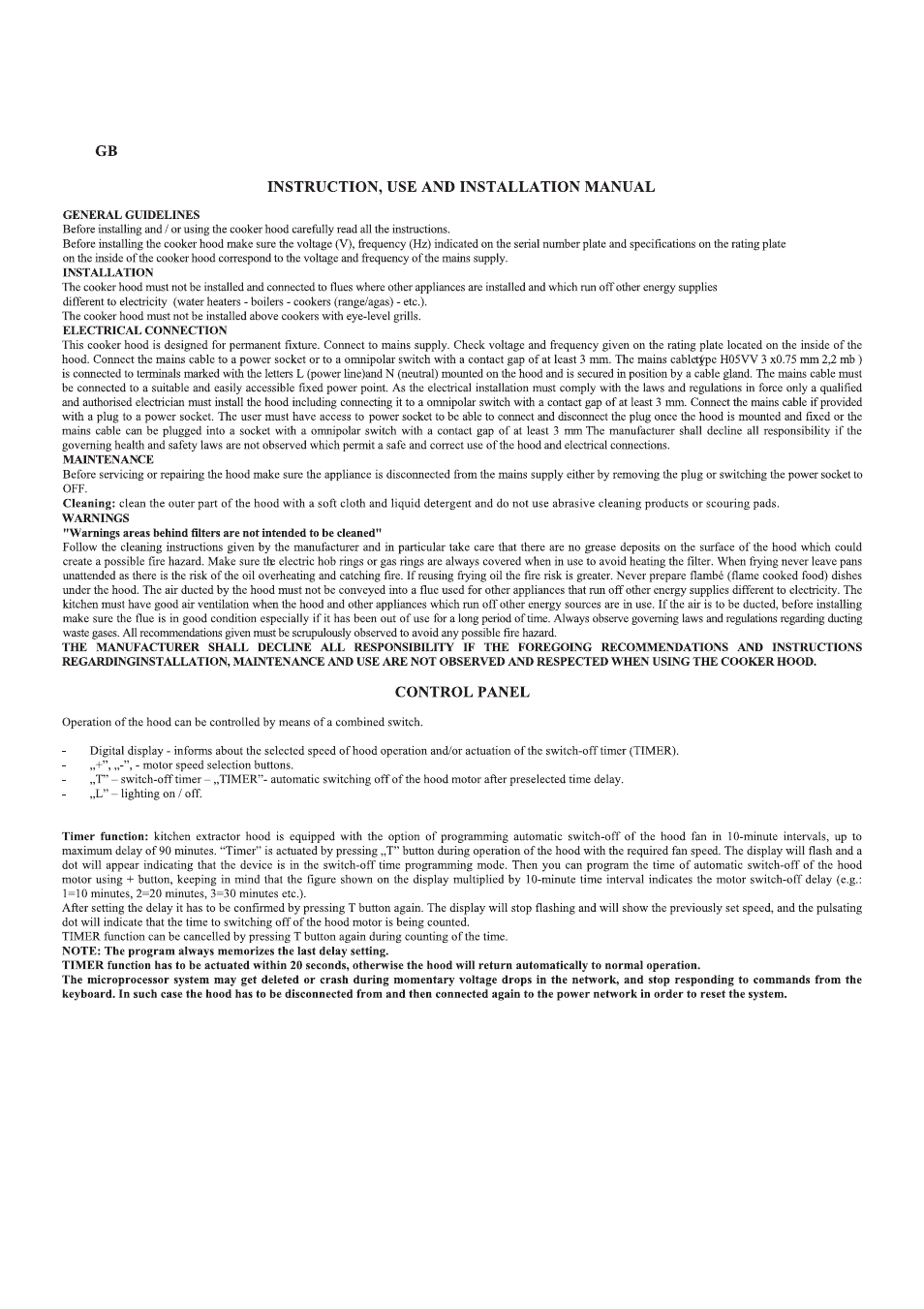 Instruction, use and installation manual, General guidelines, Installation | Electrical connection, Maintenance, Warnings, Control panel | Gorenje DU 5345 W User Manual | Page 7 / 29