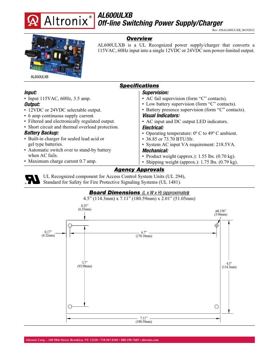 Altronix AL600ULXB Data Sheet User Manual | 1 page