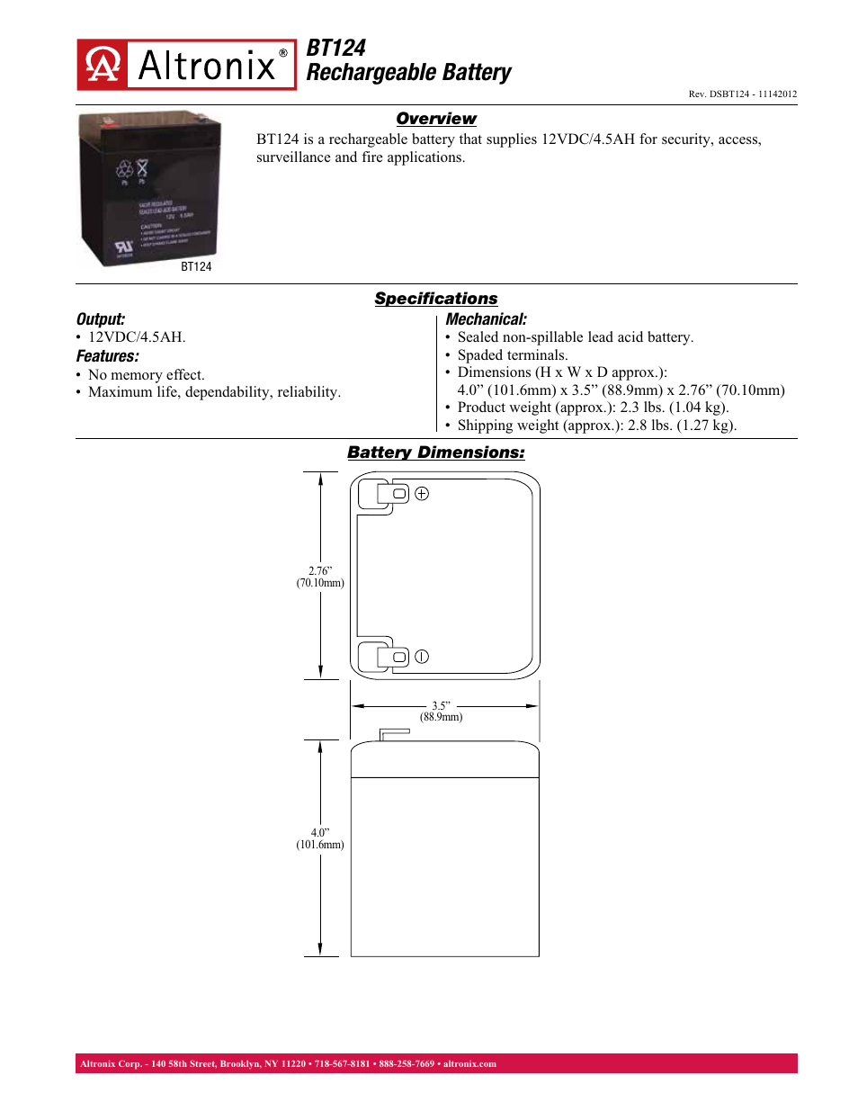 Altronix BT124 Data Sheet User Manual | 1 page