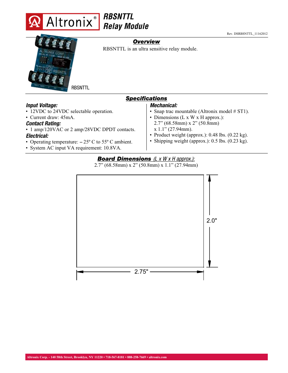 Altronix RBSNTTL Data Sheet User Manual | 1 page